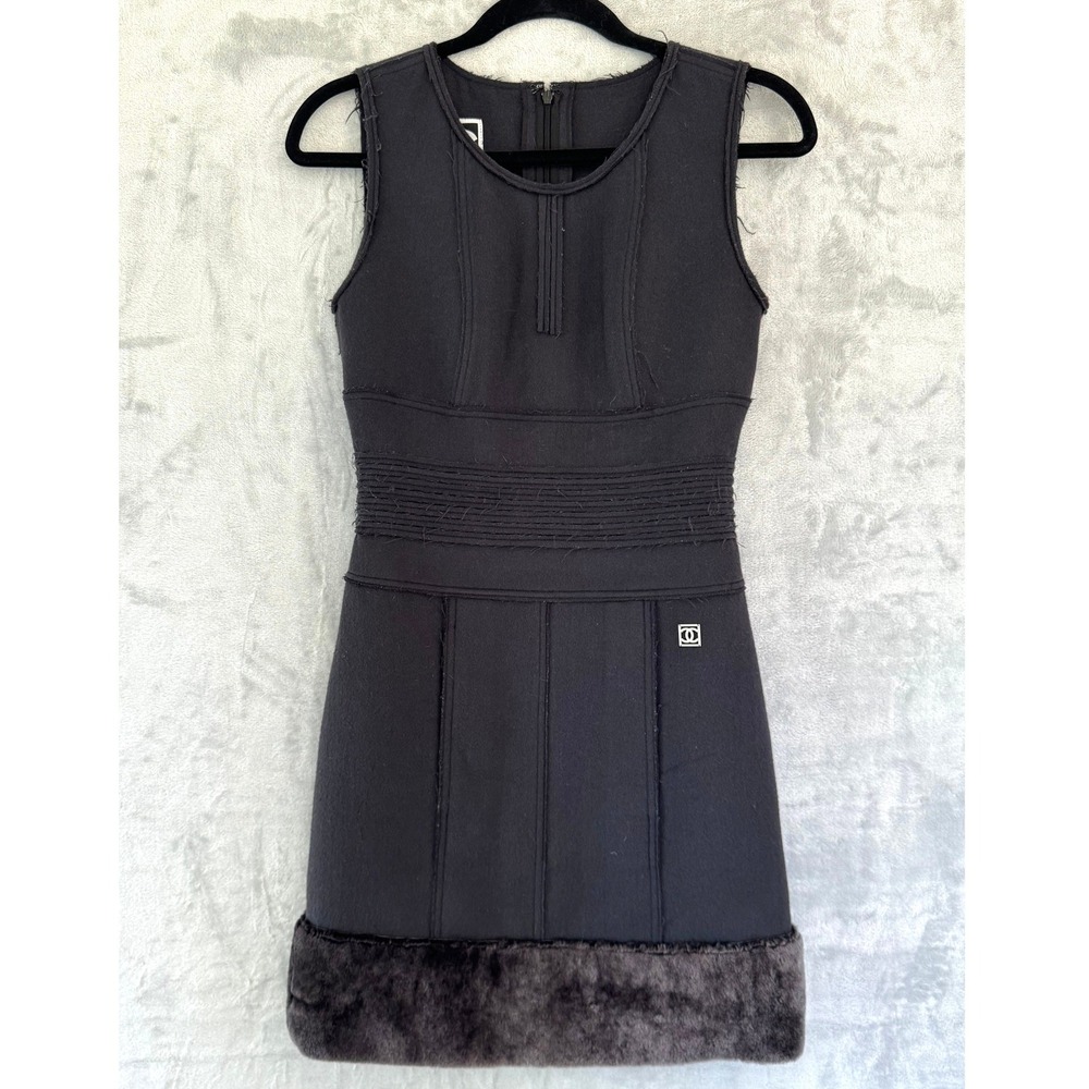 Chanel 09A Black Wool Shearling Trim Mini Dress CC Logo P36438V26320 FR 36 US